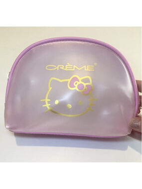 Hello Kitty Crème Pink Cosmetic Makeup Bag Case Gold Logo Double Zip Sanrio EUC